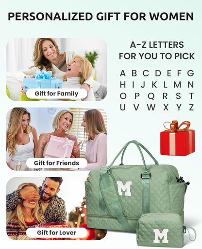 Gifts for College Girls-Initial Travel Bag with Shoe Compartment, Girl Personalized Weekender Bag, Monogram Overnight Bag for Women, Letter Travel Bag with Makeup Bag (Letter W)