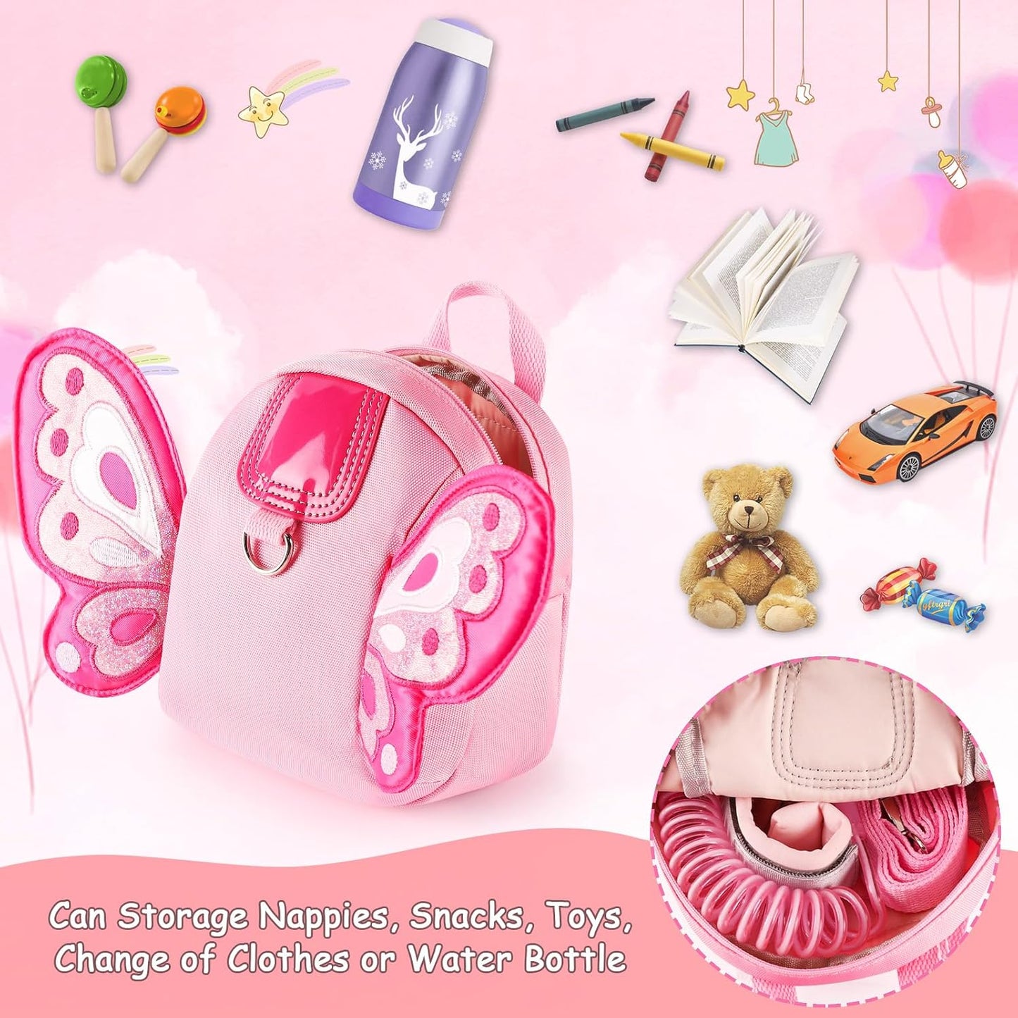 Accmor Toddler Harness Backpack Leash, Cute Butterfly Kid Backpacks with Anti Lost Wrist Link, Mini Child Backpack Harness Leashes Walking Wristband Travel Bag Harness Rein for Baby Girls (Pink)