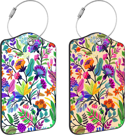 Colorful Flowers and Tropical Leaves Luggage Tags for Suitcases Leather Travel Tags for Luggage ID Label with Privacy Cover and Stainless Steel Loop for Men Women Suitcase Backpack, Set of 2