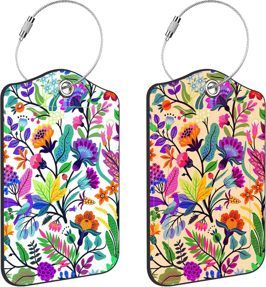 Colorful Flowers and Tropical Leaves Luggage Tags for Suitcases Leather Travel Tags for Luggage ID Label with Privacy Cover and Stainless Steel Loop for Men Women Suitcase Backpack, Set of 2
