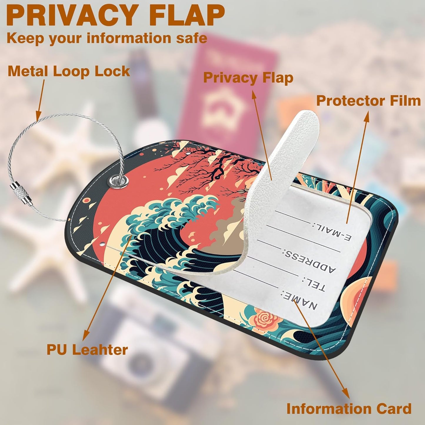 Japanese Style Ocean Wave Sun Leather Luggage Tag for Suitcase 2 Pack Luggage Tag with Privacy Name ID Label and Stainless Steel Loop for Travel Bag Suitcase