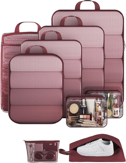 Veken 9/11 Set Compression Packing Cubes for Travel Essentials,Compressible Expandable Large Luggage Suitcase Organizer Bags for Clothing,Durable Space Saver Storage Bags with Toiletry Bags(Wine Red)