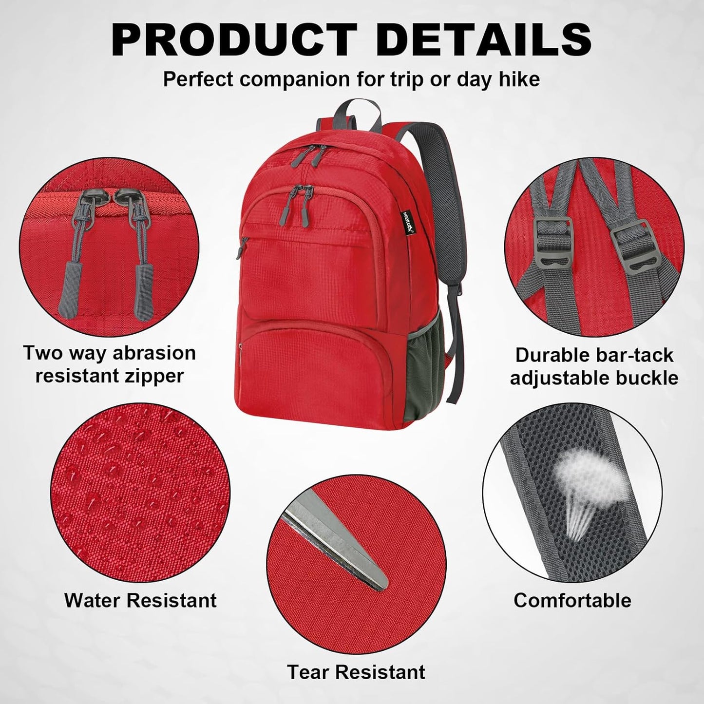 HOLYLUCK 20L lightweight packable Hiking Daypack Foldable Backpack for Men Women Small Travel Outdoor Foldable Shoulder Bag-red