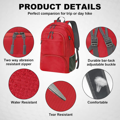 HOLYLUCK 20L lightweight packable Hiking Daypack Foldable Backpack for Men Women Small Travel Outdoor Foldable Shoulder Bag-red