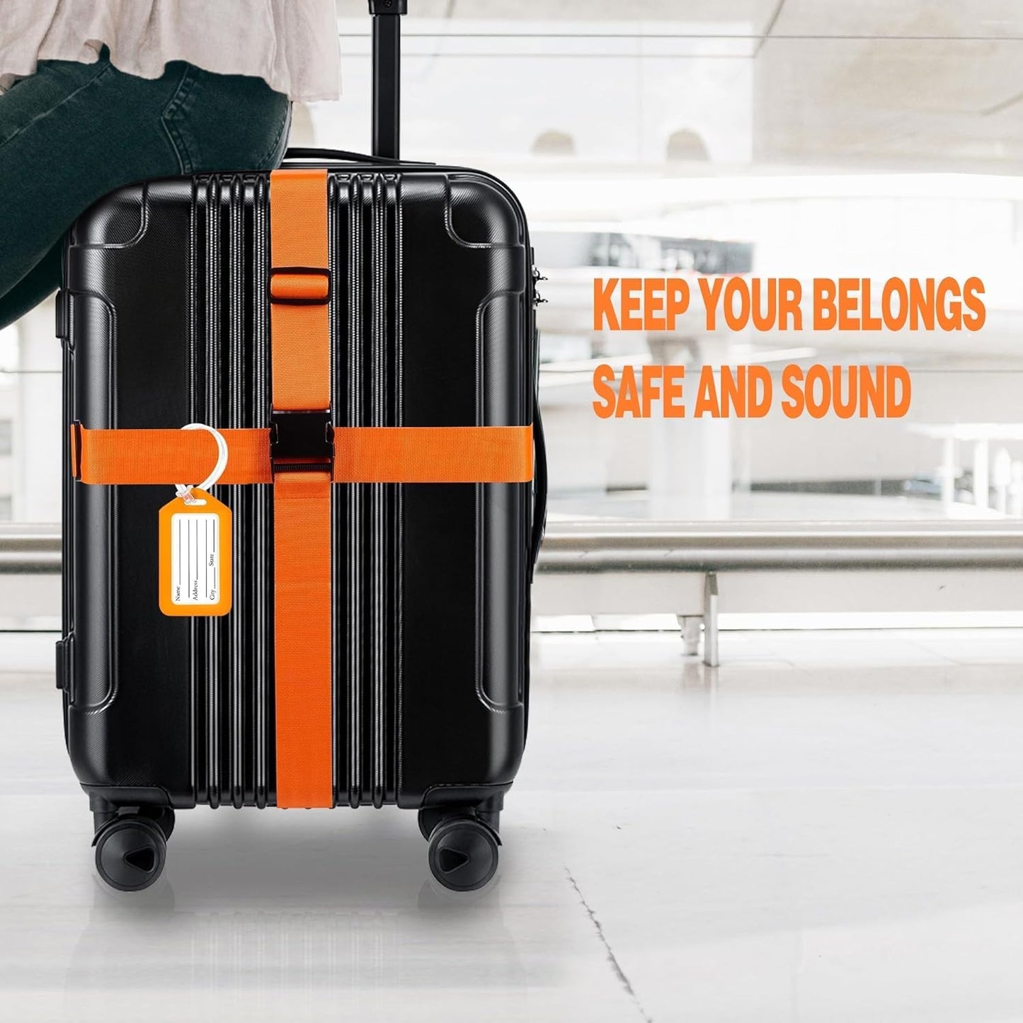 8 Pack Luggage Straps and Tags Set (4 Straps, 4 Tags), Luggage Straps for Suitcases TSA Approved Suitcase Belt Luggage Tags, Orange