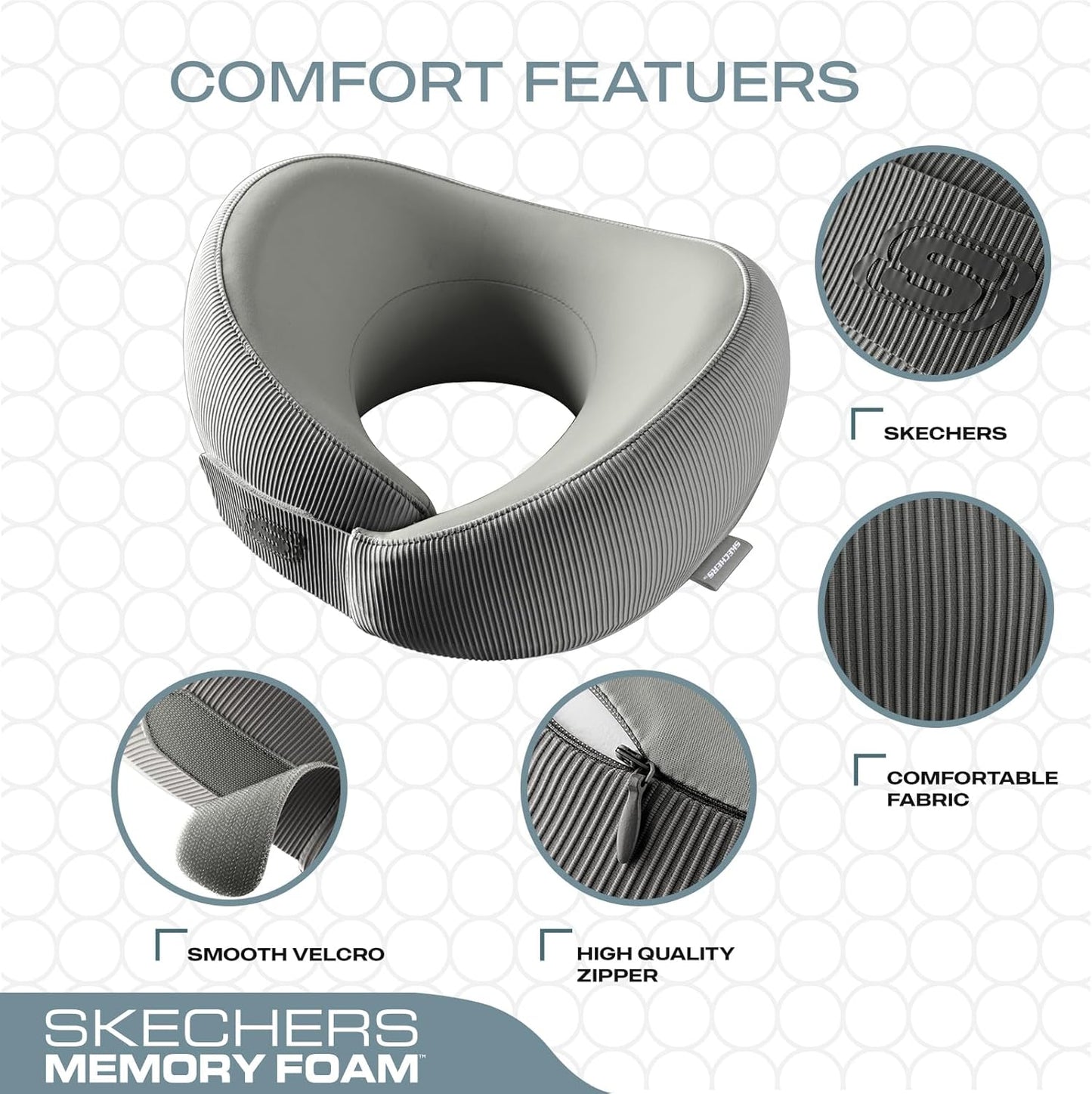Skechers Men's Memory Foam Neck Pillow, Comfortable & Breathable Travel Pillow,Neck Pillow Airplane for Travel, Car Rides, Home, and Office Use, Ergonomic Design for Men and Women,Grey