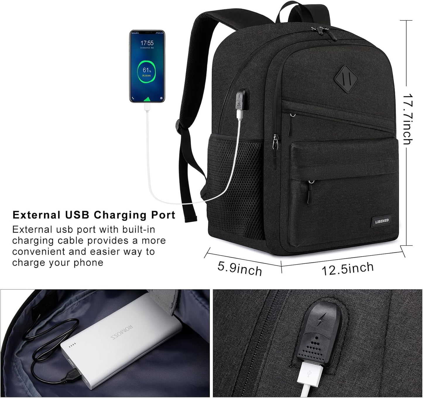 School Backpack for Teens Boys, 15.6 Inch Laptop Backpack with USB Charging Port & Water Resistant Design, College High School Book Bag for Students, Black