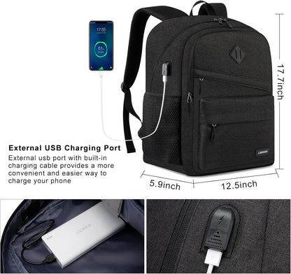 School Backpack for Teens Boys, 15.6 Inch Laptop Backpack with USB Charging Port & Water Resistant Design, College High School Book Bag for Students, Black