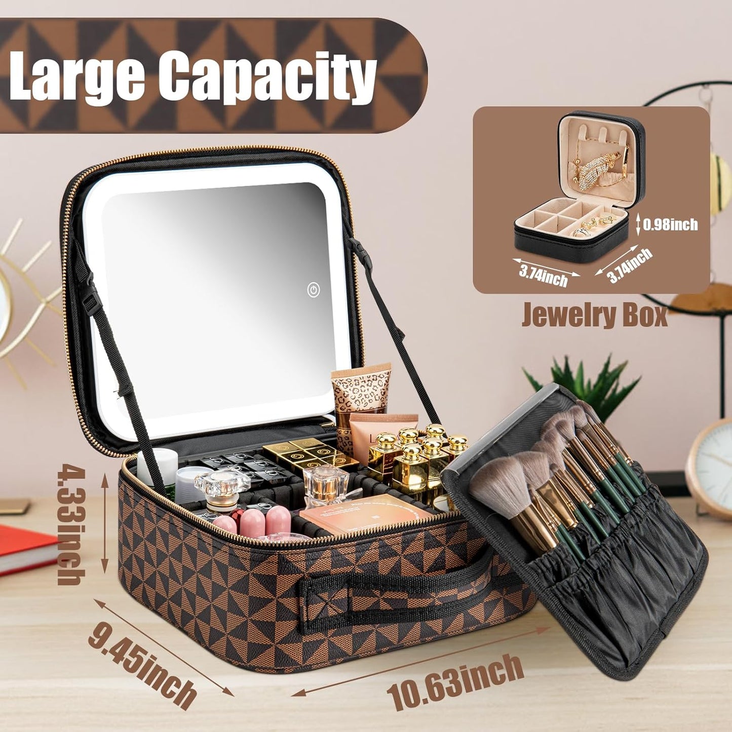 Makeup Travel Train Case with Mirror LED Light 3 Adjustable Brightness Large Cosmetic Bag Portable Storage Adjustable Partition Waterproof Makeup Brushes Make up Jewelry Gift for Women