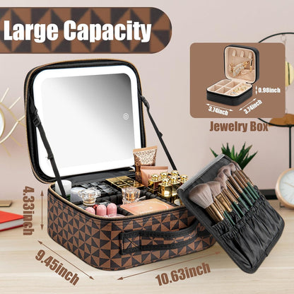 Makeup Travel Train Case with Mirror LED Light 3 Adjustable Brightness Large Cosmetic Bag Portable Storage Adjustable Partition Waterproof Makeup Brushes Make up Jewelry Gift for Women