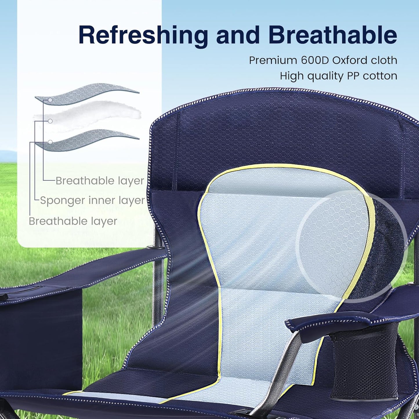 HIGH POINT SPORTS Oversized Camping Folding Chair, Heavy Duty Portable Outdoor Chair, Foldable Camp Chair with Cup Holder and Cooler Bag Support 450 LBS, 2 Pack, Dark Blue