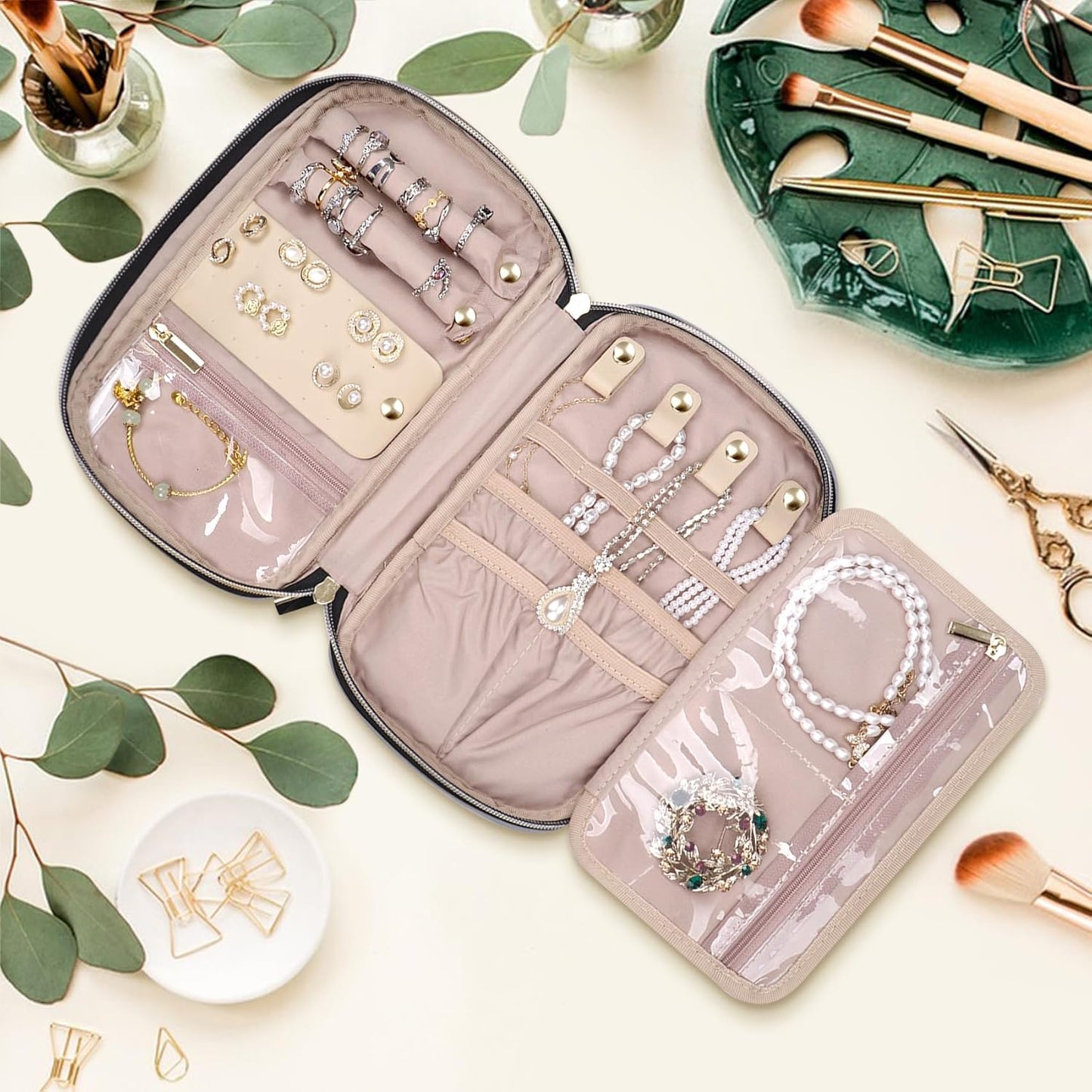 Jewelry Travel Case Organizer for Necklaces, Earrings, Rings, Bracelet, Watch, Soft Sided, Grey