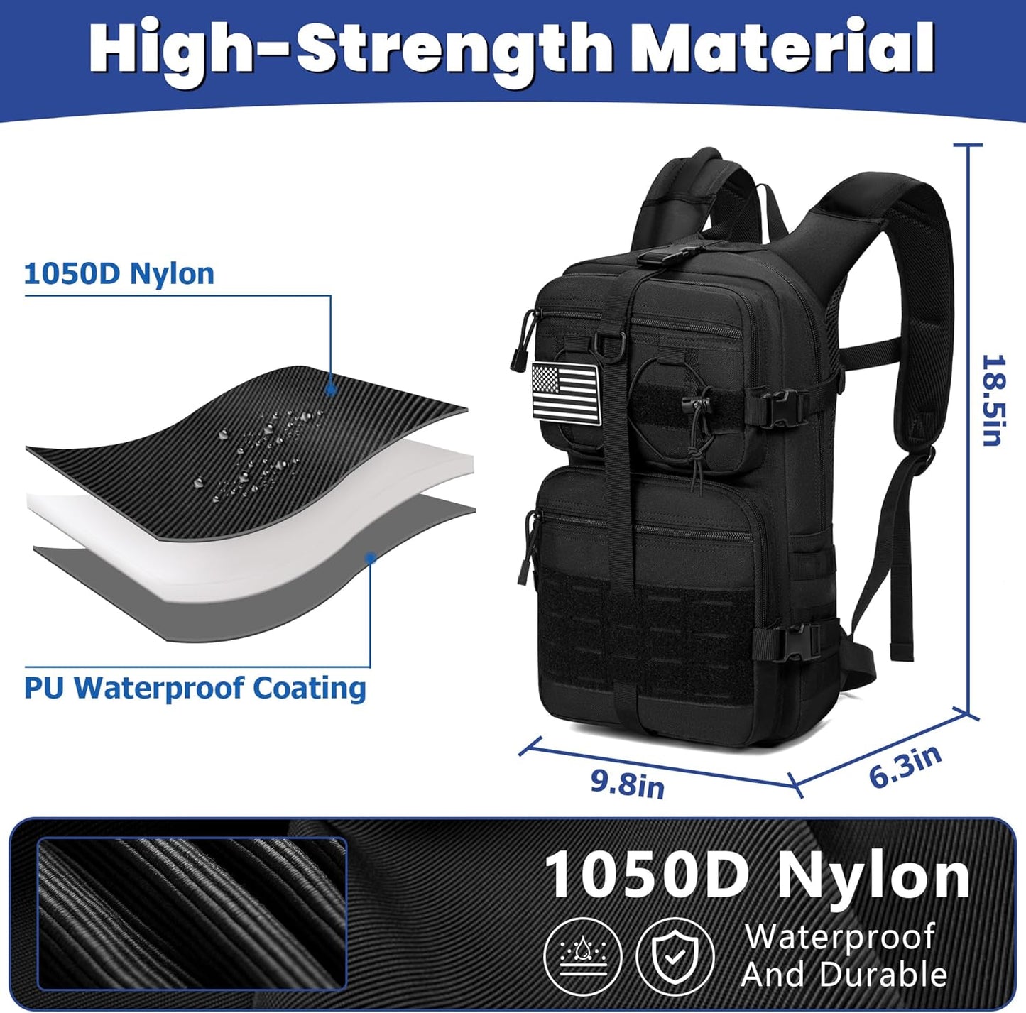 1050D Tactical Hydration Backpack with 3L TPU Water Bladder, Military Molle Water Backpack Perfect for Men & Women, Hydration Pack for Hiking, Biking, Running, Climbing, Hunting, Daily Use