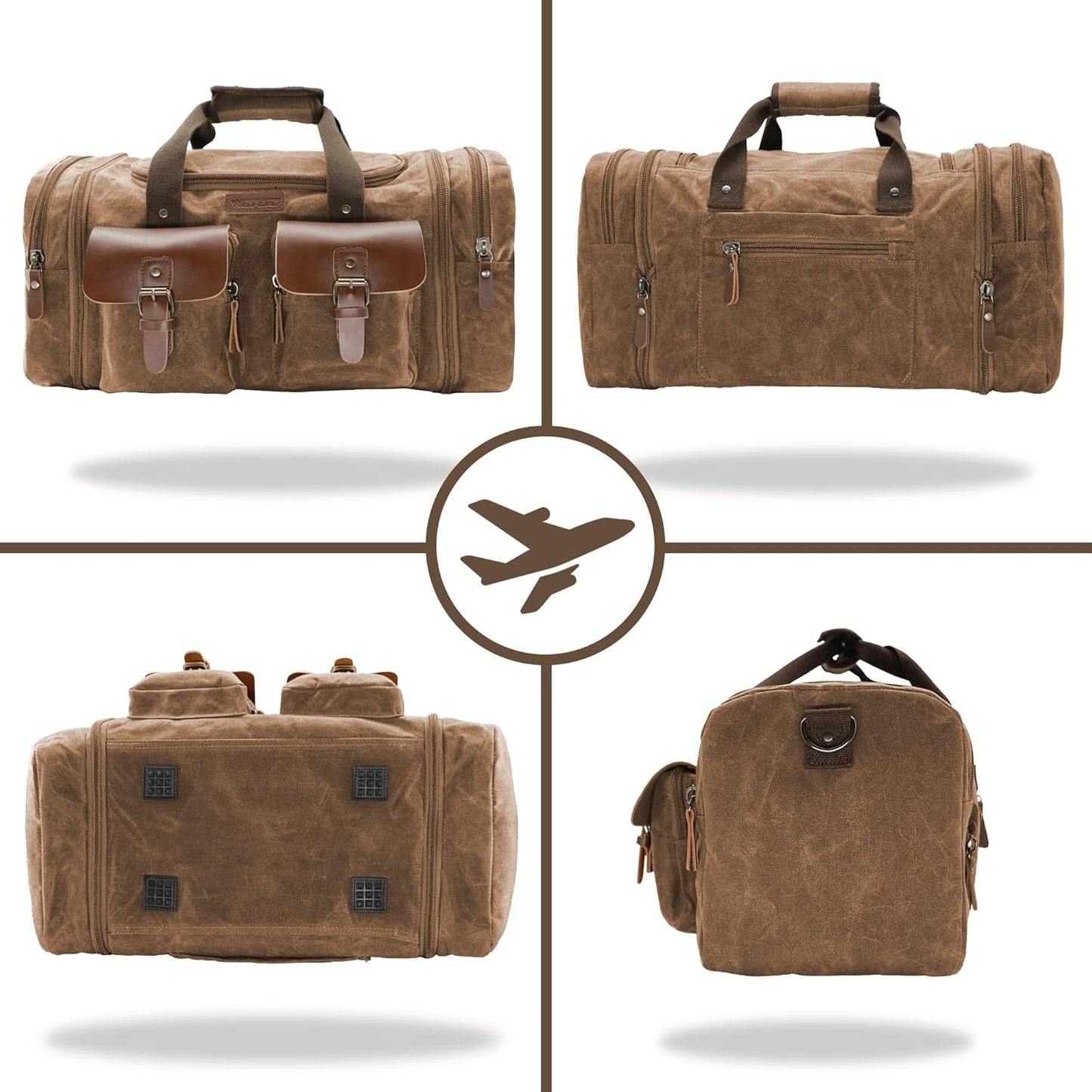 Wildroad Waxed Canvas Genuine Leather 50L Waterproof Duffle Bag - Vintage Travel Weekender Overnight Carry On