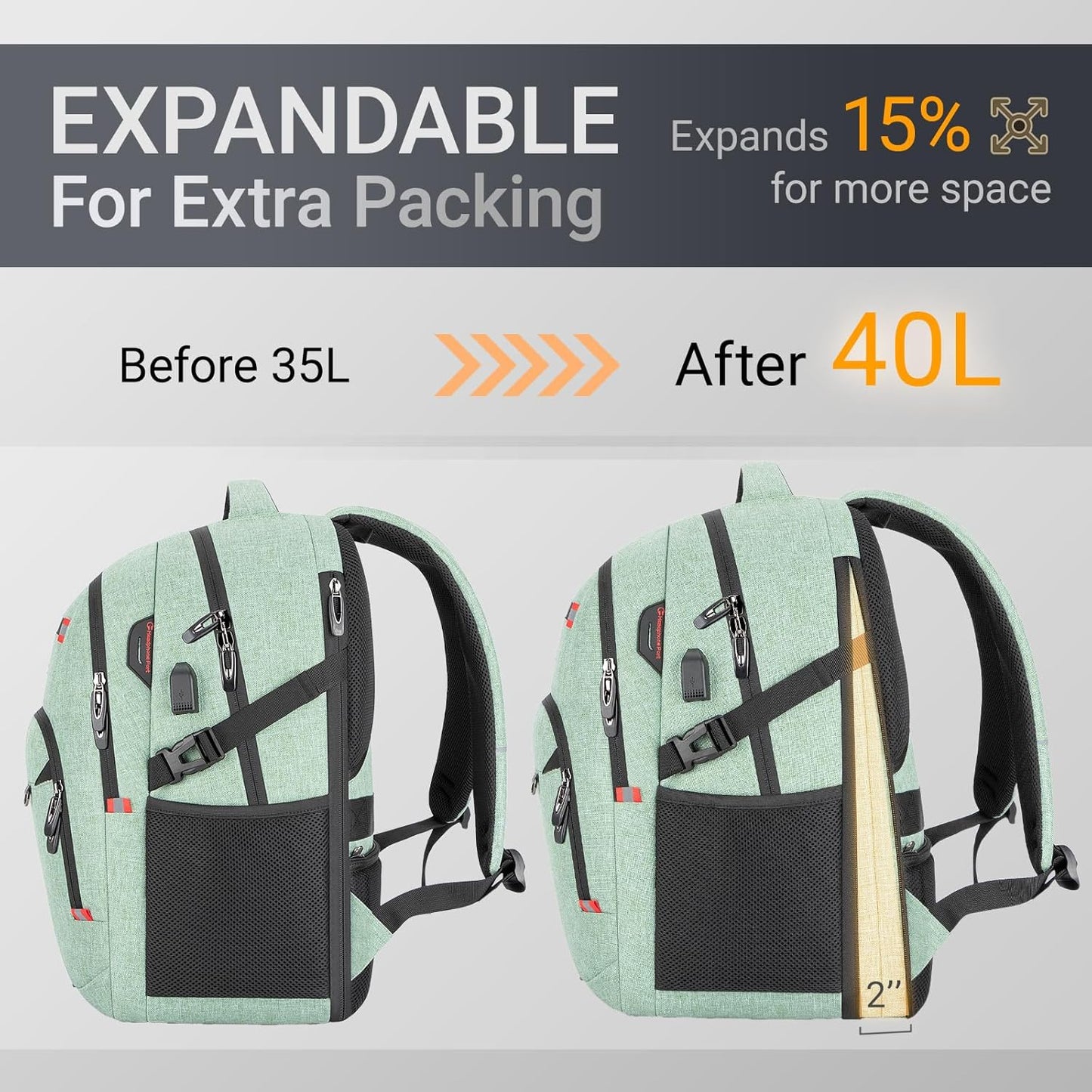 40L Expandable Laptop Backpack, Anti-thief Travel Backpack with USB Charging Port, Airline Approved Business Waterproof Carry on Luggage, Fits 15.6" Laptop for Men Women