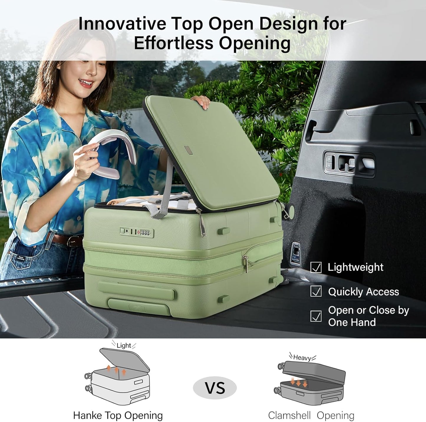 Hanke Hardside Expandable Carry On Luggage, 20 Inch Top Opening Trunk Luggages with Spinner Wheels, All-PC Hard Shell Carry-On Suitcase, Lightweight & TSA Airline Approved (Bamboo Green, 46L)