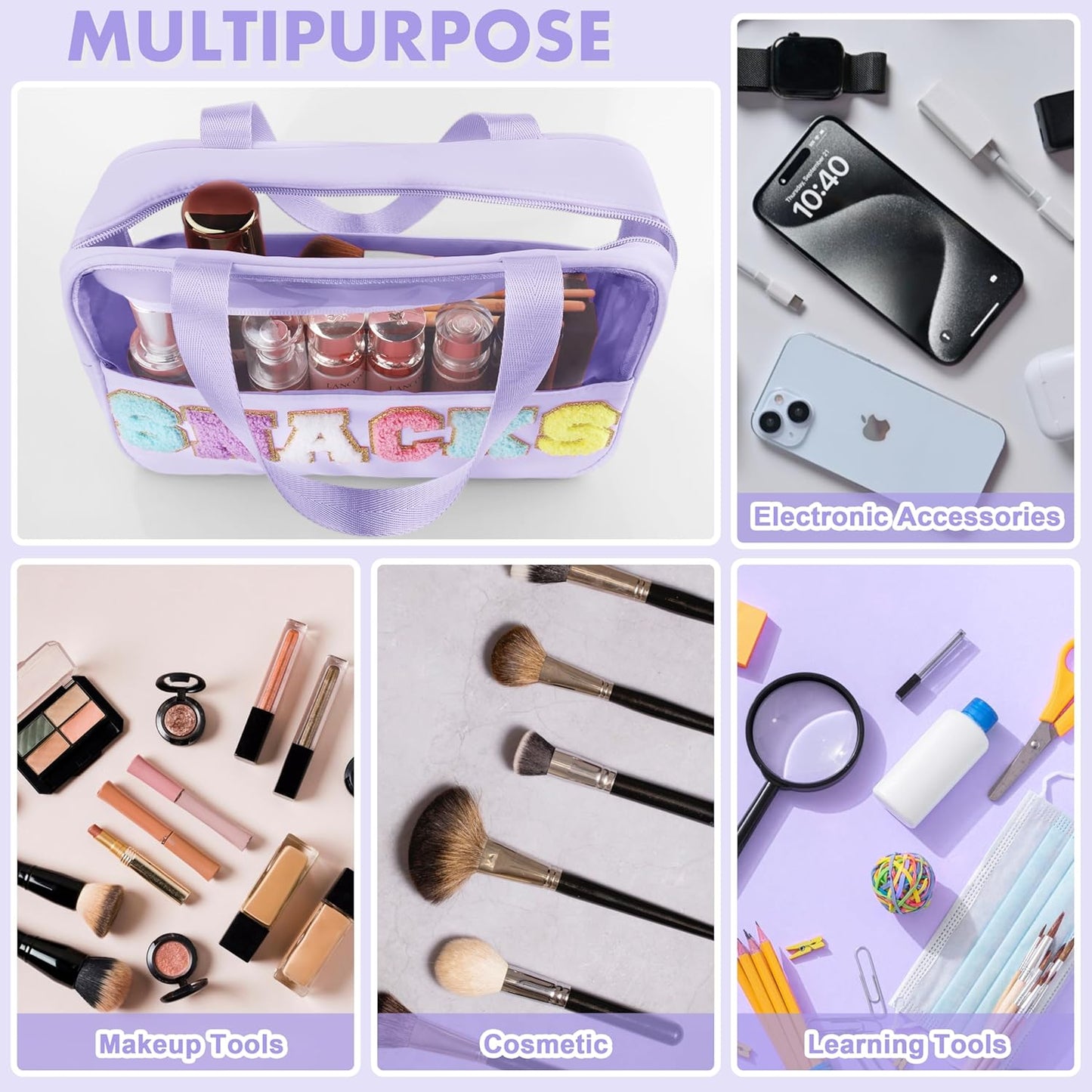 Snack Bag for Travel - Chenille Letter Clear Makeup Bag, Large Preppy Patch Snack Cosmetic Bag with Handle and Zipper, Cute Makeup Pouch Nylon&PVC Waterproof Toiletry Organizer Storage for Women Girls