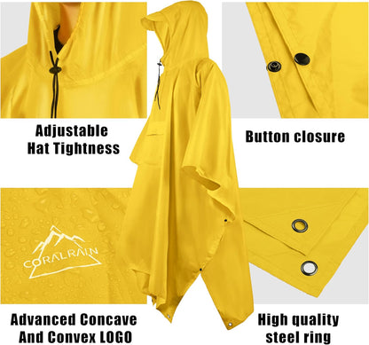Coralrain Hooded Rain Poncho Lightweight Waterproof Unisex Raincoat Jacket with Pocket for Men Women Adult
