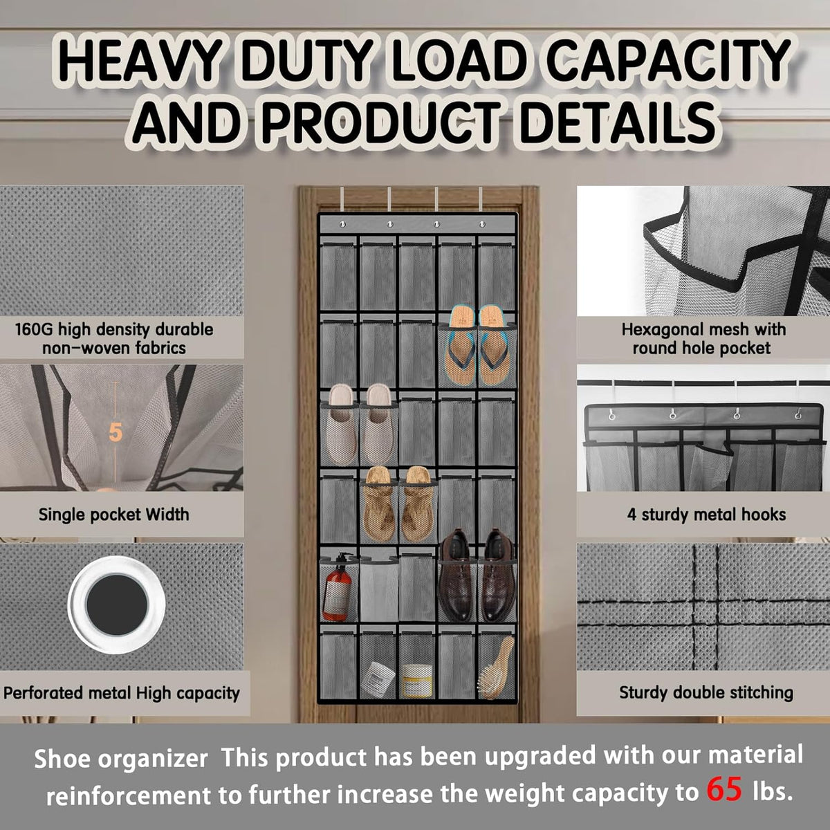 Over the Door Shoe Organizer with 30 Breathable Mesh Pockets - Large Capacity Closet Storage for Men & Women, Hanging Shoe Rack Organizer -Gray