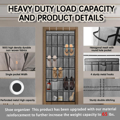 Over the Door Shoe Organizer with 30 Breathable Mesh Pockets - Large Capacity Closet Storage for Men & Women, Hanging Shoe Rack Organizer -Gray