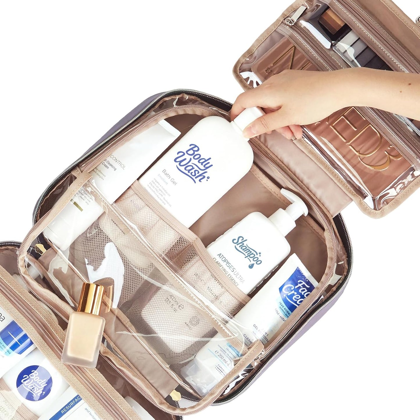 NISHEL Travel Toiletry Bag for women, Portable Hanging Organizer for Full-Sized Shampoo, Conditioner, Brushes Set, Makeup Accessories, Large Size, Purple