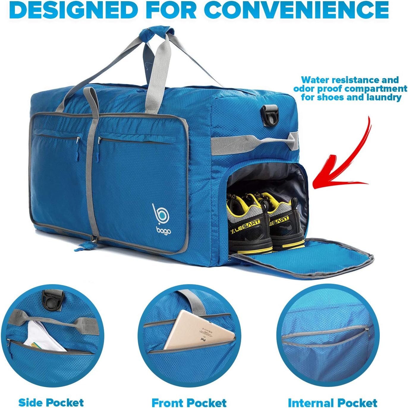 Bago Large Foldable Duffel Bags for Traveling Women & Men - 120L Packable Duffle Bag for Travel with Shoe Compartment - Water Repellant, Heavy Duty, Lightweight Folding & Collapsible (Blue)