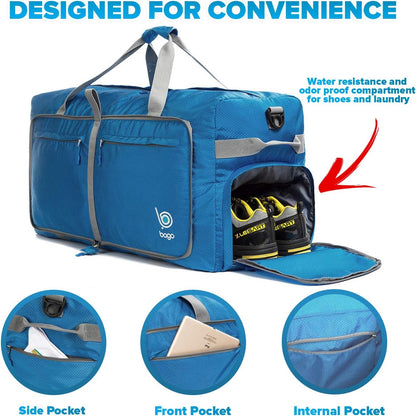 Bago Large Foldable Duffel Bags for Traveling Women & Men - 120L Packable Duffle Bag for Travel with Shoe Compartment - Water Repellant, Heavy Duty, Lightweight Folding & Collapsible (Blue)