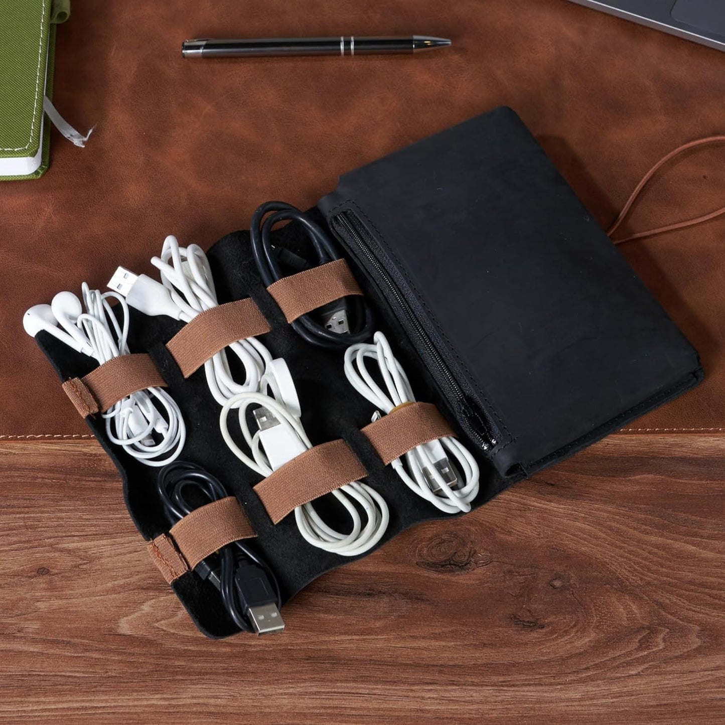 HARDISTON Genuine Leather Electronic Cable Organizer Bag Handmade Travel Cord Organizer Roll Case for Hard Drives, Cables, Charger, Phone, USB, SD Card (Medium - Black)