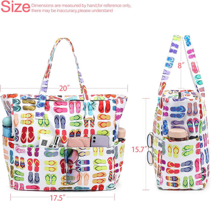 LEDAOU Large Beach Tote Bag Women Waterproof Sandproof Zipper Beach Tote Bag for Pool Gym Grocery Travel with Wet Pocket