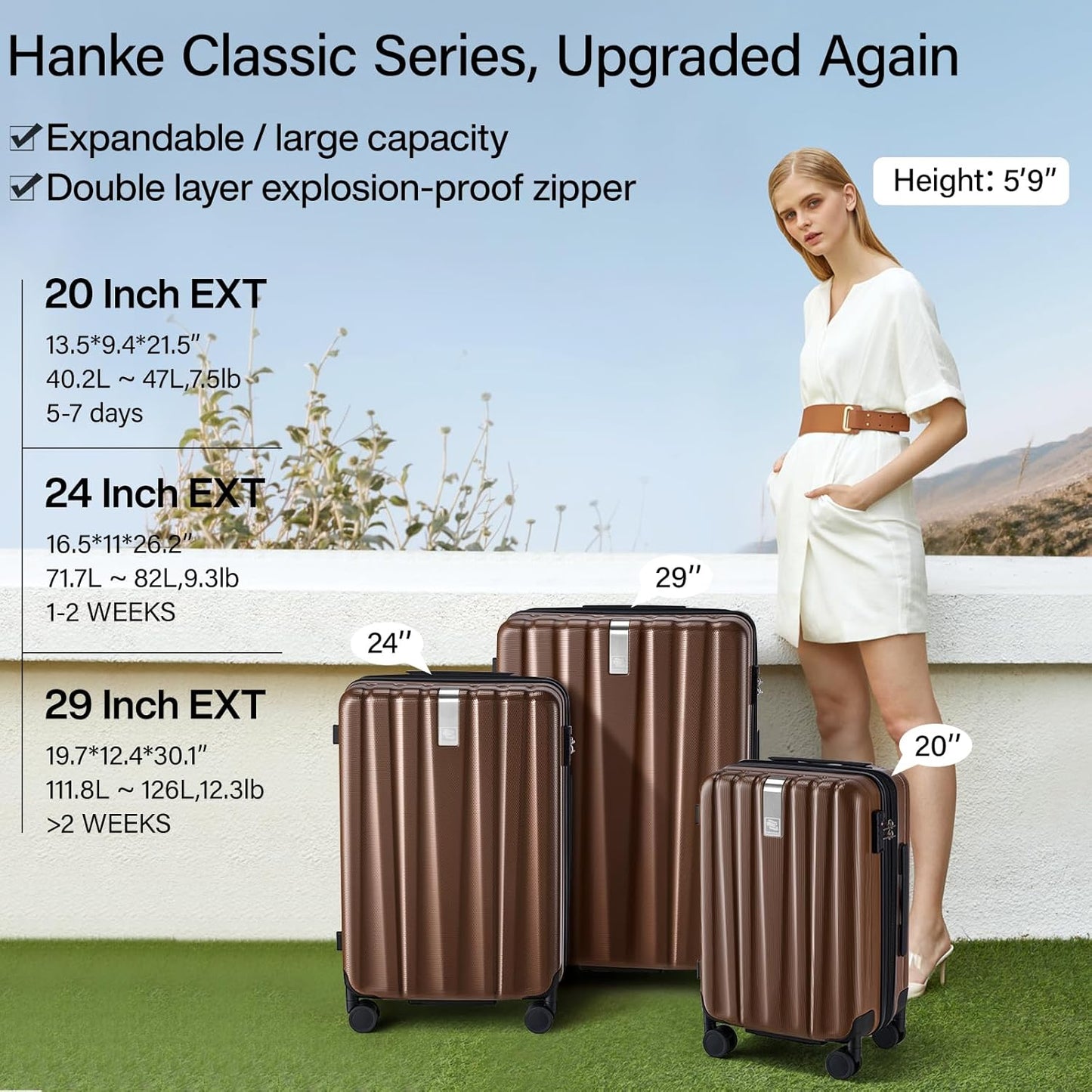 Hanke Expandable Hard Shell Luggage Sets 2 piece Carry on Luggage with Wheels Suitcases Lightweight Checked TSA Luggage Rolling Large Suitcase Travel Luggage Bag Woman Men 20/29 Inch(Brown)