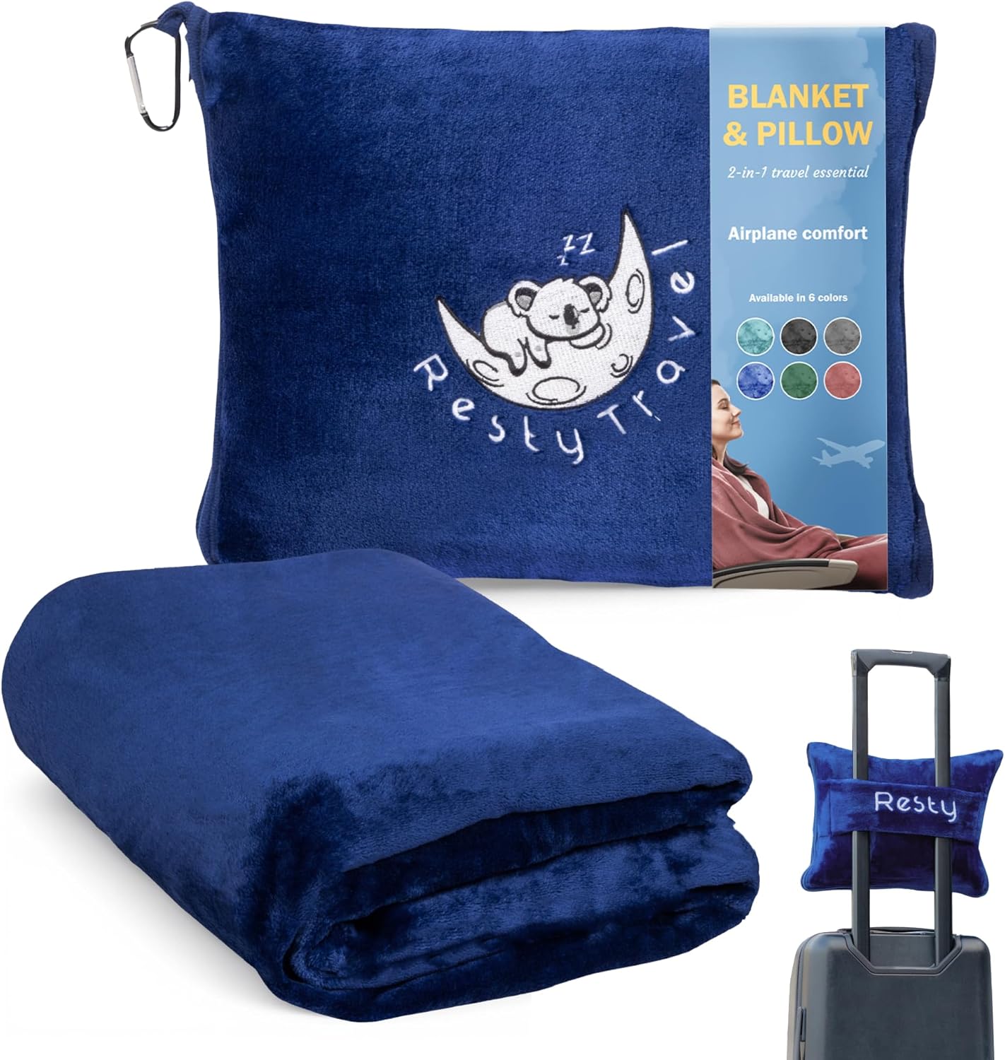 Resty 65"x40" Traveling Airplane Blanket, Navy Blue – Lightweight, Velvety Soft Blanket That Becomes a Travel Pillow – Must-Have Comfort for Planes & Road Trips – Travel Essentials for Women & Men