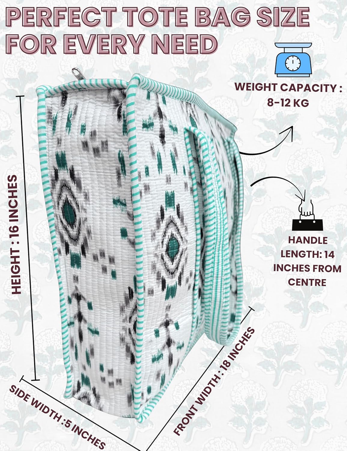 Cotton Quilted Tote Bag for Women – Large Beach & Travel Tote with Zipper, Reusable Grocery Bag