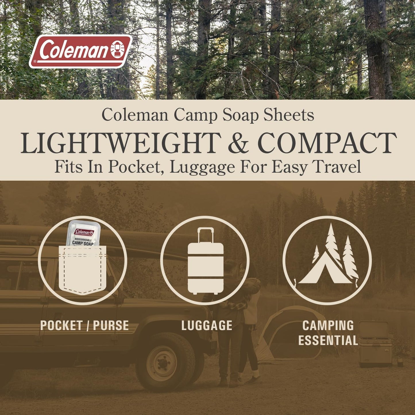 Coleman Camp Soap Sheets – 25 Travel Soap Sheets for Camping, Hiking & Backpacking – Perforated for 50 Washes, Dissolves Instantly in Hot or Cold Water, TSA-Approved for Travel