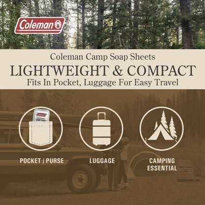 Coleman Camp Soap Sheets – 25 Travel Soap Sheets for Camping, Hiking & Backpacking – Perforated for 50 Washes, Dissolves Instantly in Hot or Cold Water, TSA-Approved for Travel