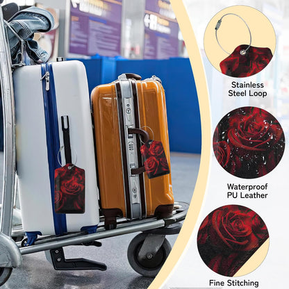 3 Pack Red Rose Luggage Tags for Suitcases, Cute Leather Name Tag with Privacy Cover with Stainless Steel Loops, Travel ID Bag Tags for Women Men
