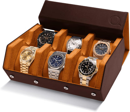 Napa Leather Watch Case for Men - Watch Roll Storage Organizer & Watch Display - Six Slot Luxury Watch Box for Home or Travel - Mens 6 Watch Holder Case (Brown Tan)