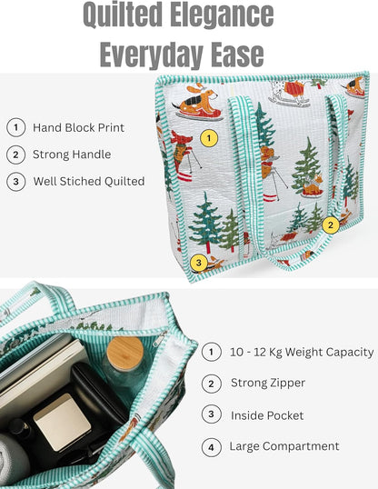 Cotton Quilted Tote Bag for Women – Large Beach & Travel Tote with Zipper, Reusable Grocery Bag