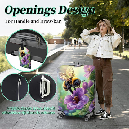 Luggage Cover + Tag, Bee Purple Flowers Travel Suitcase Cover for 22-24 inch Luggage (M) with Concealed Zipper, Washable Elastic Cloth, Dustproof, Anti-Scratch