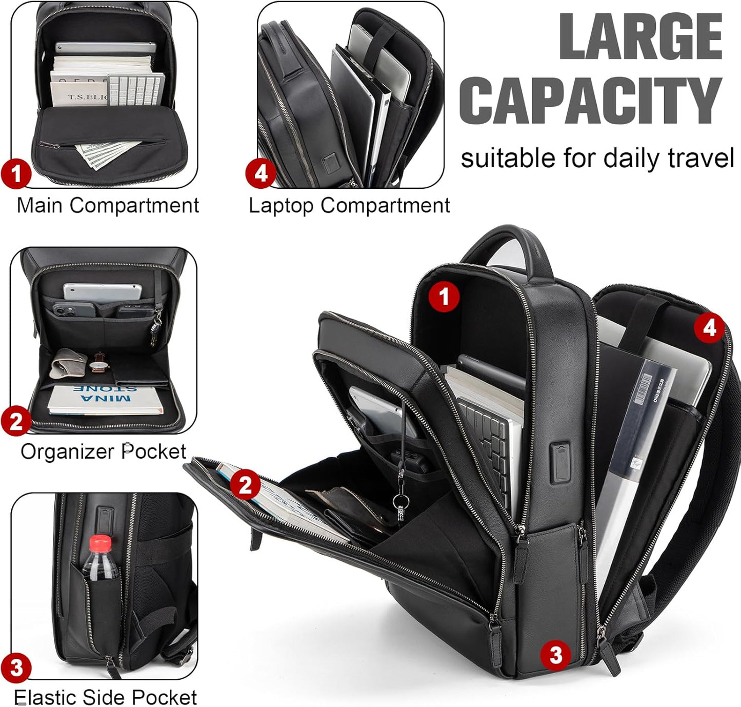 Tzowla Leather Laptop Backpack, Bag for Men and Women,Business Travel Work Rucksack Fits 15.6 Inch Laptop,Bookbag with USB and Type-C Charging Port-Black