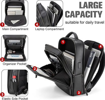 Tzowla Leather Laptop Backpack, Bag for Men and Women,Business Travel Work Rucksack Fits 15.6 Inch Laptop,Bookbag with USB and Type-C Charging Port-Black