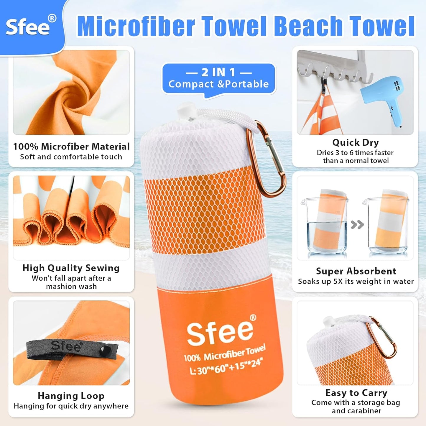 Sfee 2 in 1 Microfiber Oversized Beach Towel, Quick Dry Towel Travel Towel Camping Towel Super Absorbent Compact Lightweight Sports Gym Towels for Beach,Gym, Hiking, Pool, Backpacking, Bath, Yoga