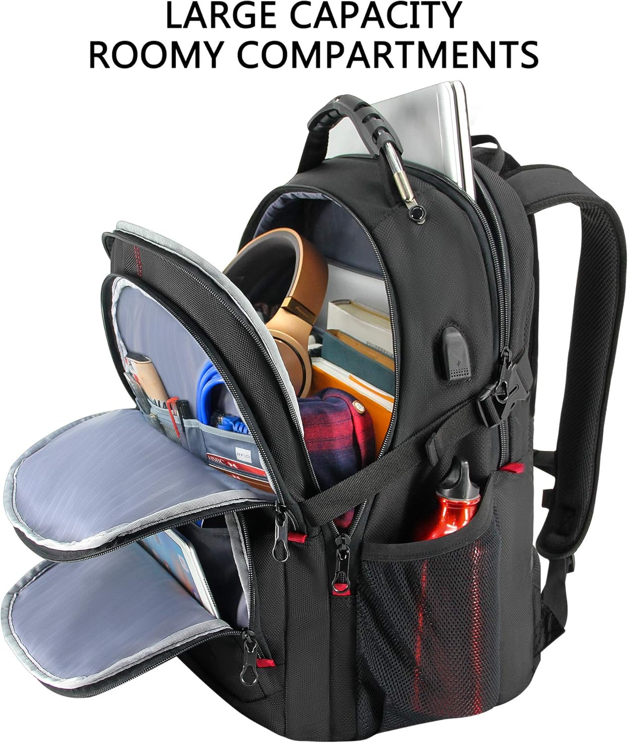 KROSER Travel Laptop Backpack 17.3 inch XL Computer Backpack Stylish College Backpack with RFID Pockets USB Charging Port REFLECTIVE STRIPS Water-Repellent Daypack for Business/Men