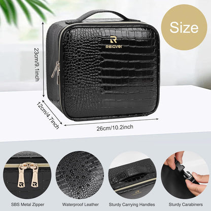 Relavel Makeup Train Case With LED Mirror, Professional Travel Cosmetic Bag with Removable Partitions,Compact Makeup Organizer, Waterproof Toiletry Case for Women, Black