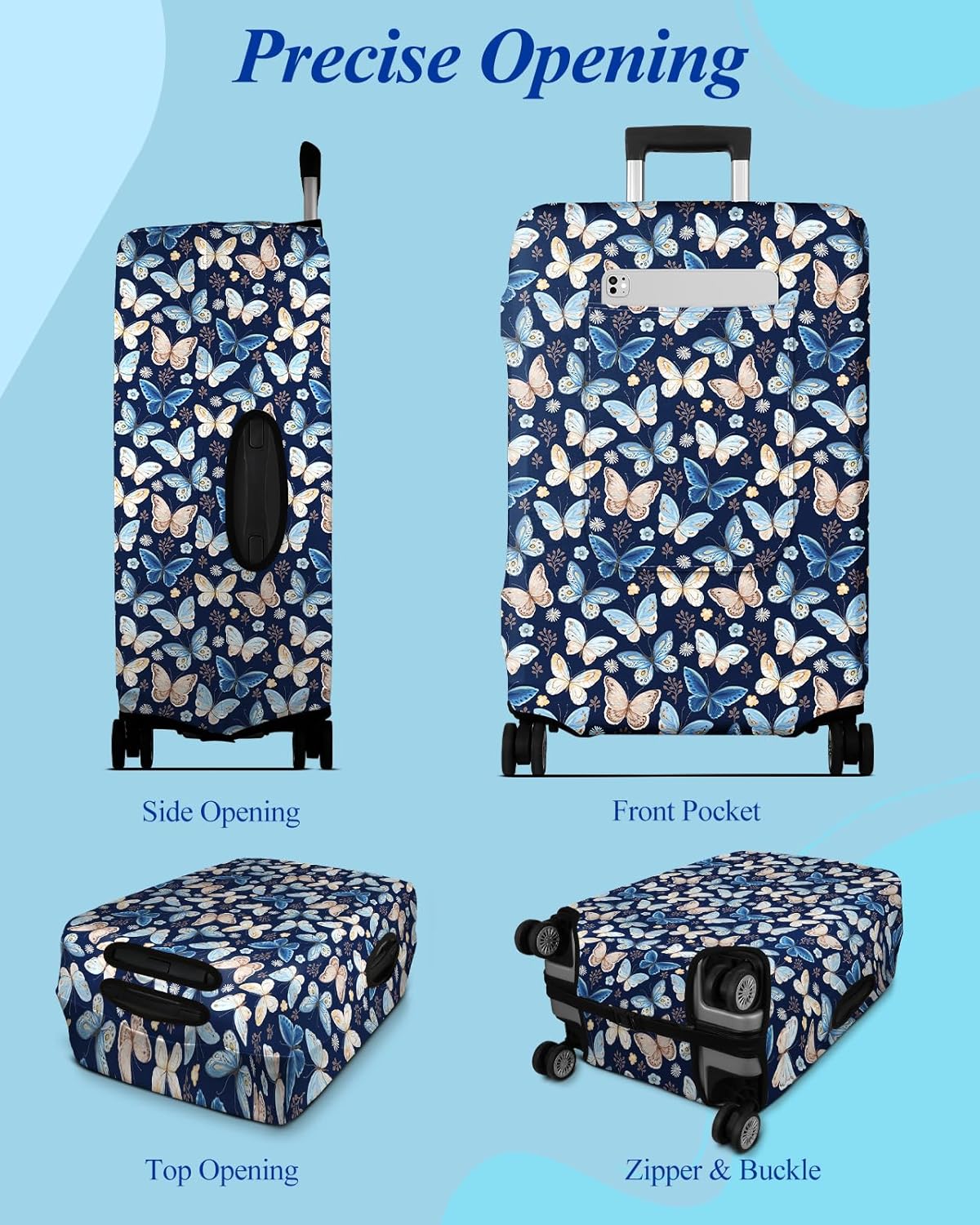 Slohif Luggage Cover for Suitcase Tsa Approved Protector - Luggage Sleeve Large Suit Case Cover Travel Stretch Baggage Case Protective Washable Fit 28-30 Inch Blue Butterfly L