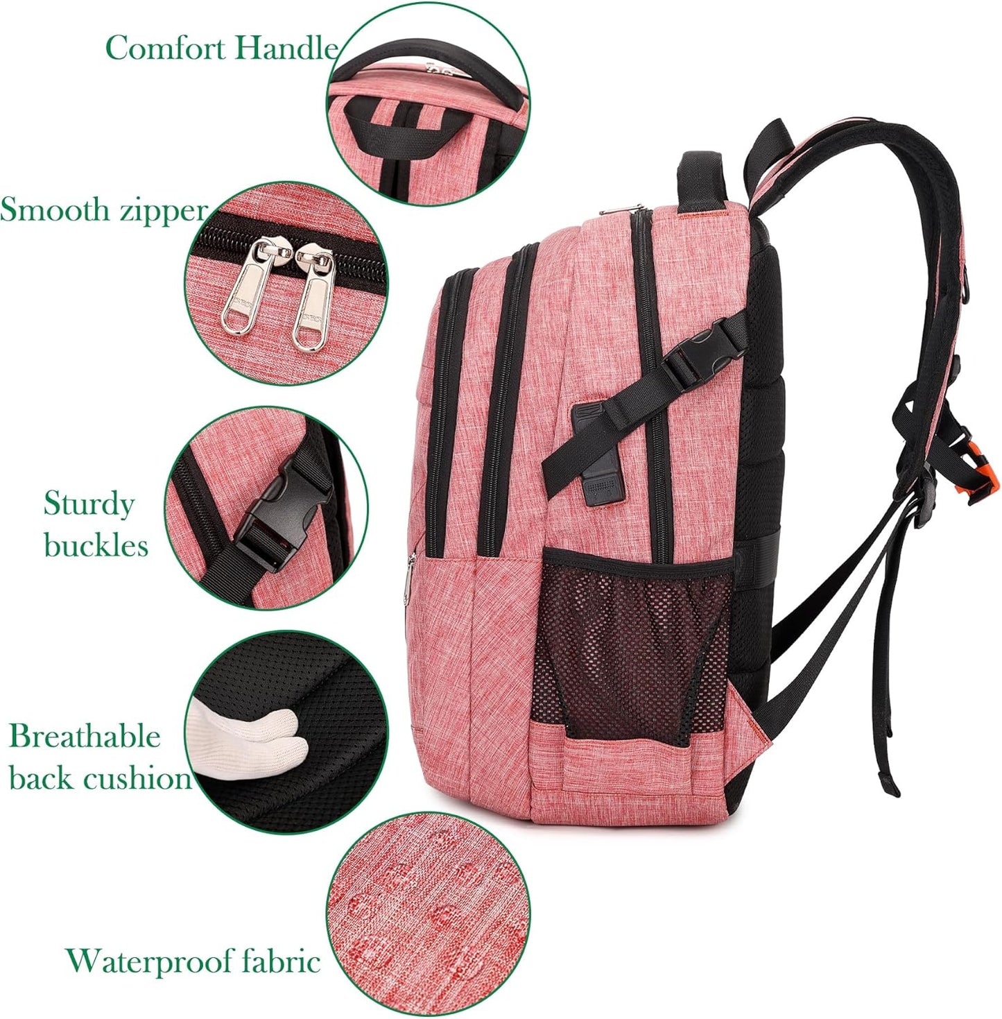 FENGDONG Large Laptop Backpack 17.3 inch Durable Waterproof Travel College Backpack Bookbag for Men & Women Business Backpack with USB Charging Port and Headset Port Light Pink