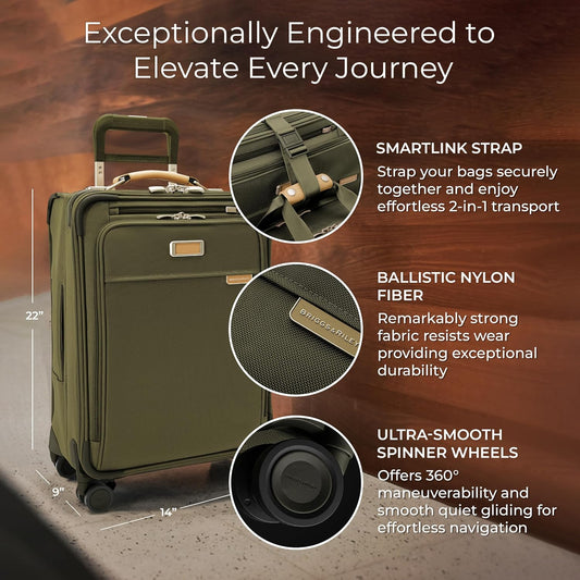 Briggs & Riley Essential 22" Carry On Expandable Spinner - Luggage for Travel, Suitcases with Wheels, Softside Rolling Bag for Men & Women, Self-Repairing Zipper - Baseline Collection, Olive