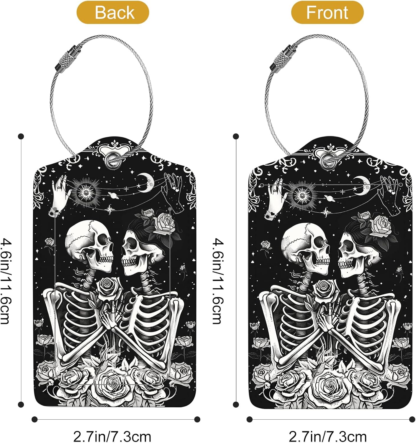 2Pack Luggage Tags for Suitcases, Cute Unique Pu Leather Cruise Luggage Tag with Privacy Cover ID Label Address Card and Metal Ring Suitable for Women Men Kids Travel Bag Skeletons and Flowers
