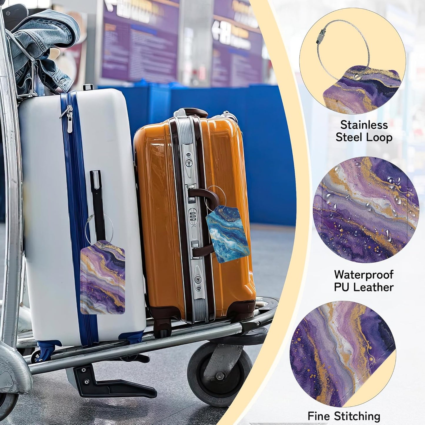3 Pack PU Leahter Abstract Marble Liquild Luggage Tag with Stainless Steel Loop,Colorful Travel Suitcase Labels with Privacy Cover ID Label Quickly Spot for Bags