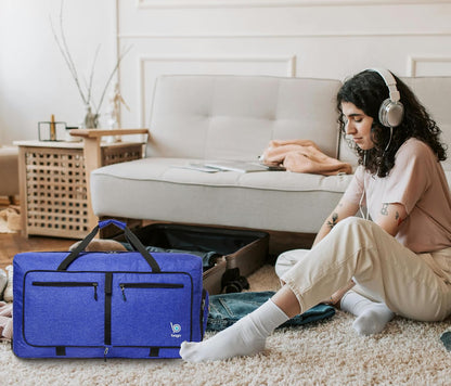 Bago Large Foldable Duffel Bags for Traveling Women & Men - 80L Packable Duffle Bag for Travel with Shoe Compartment - Water Repellant, Heavy Duty, Lightweight Folding & Collapsible (SnowDepBlue)