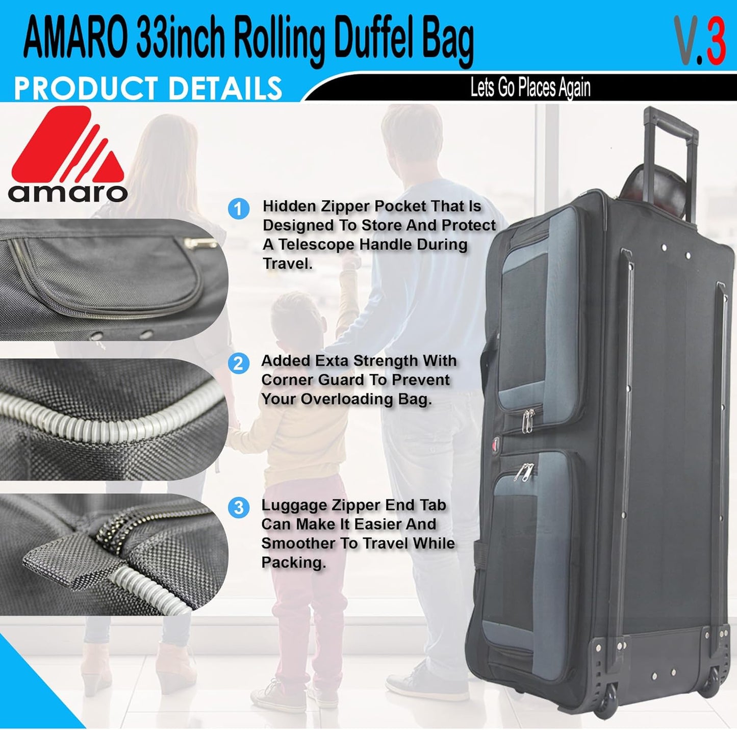 33" Rolling Duffle Bag with Wheels and Handle - Multiple Compartments/Compression Straps With Buckles Balck/Gray trim Large